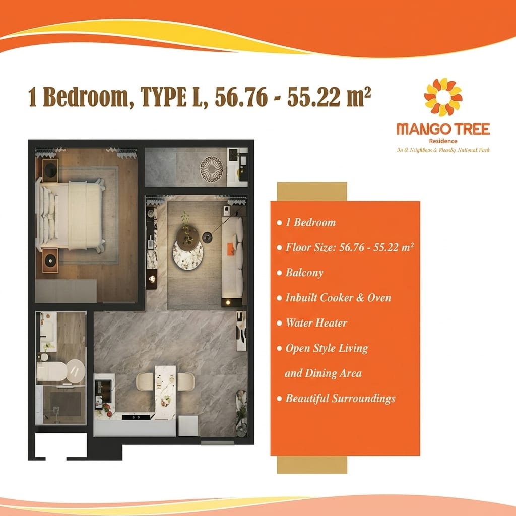 Type L one-bedroom apartment floor plan at Mango Tree Residence, Syokimau
